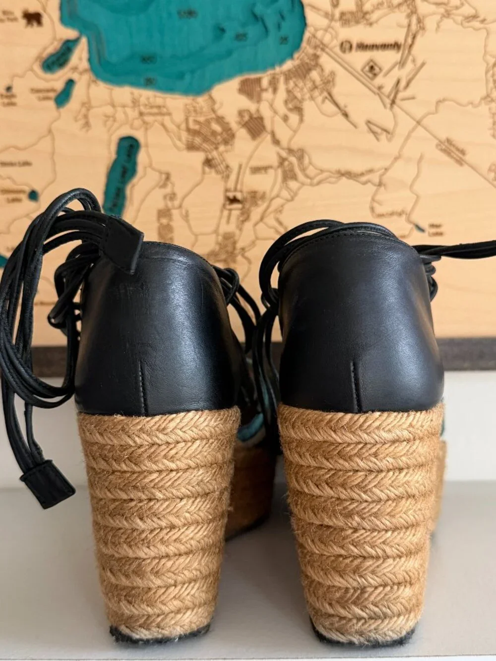 Chloe green striped/ leather straps espadrille wedges/ shoes sz 37 sz US 7